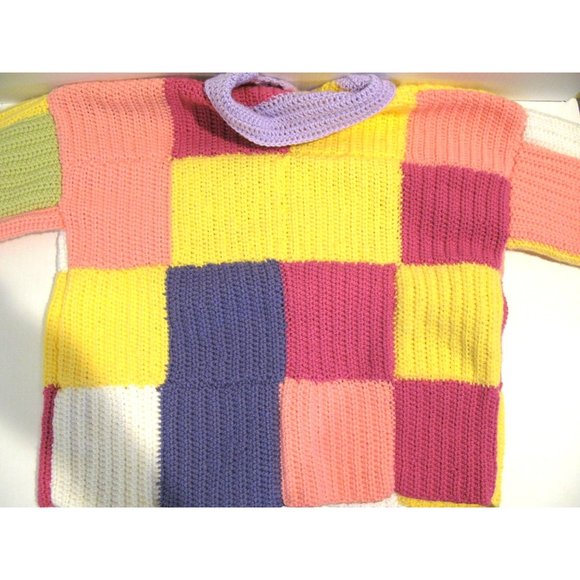 Handmade Crochet Patchwork Jacket Sweater Pink Purple Green Yellow Coral Buttons - Picture 5 of 7